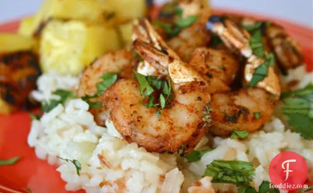 Spicy Shrimp with Grilled Pineapple and Coconut Rice Pilaf