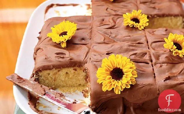 चॉकलेट फ्रॉस्टिंग के साथ पीली शीट केक