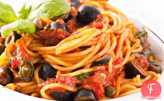 Fiery Spaghetti with Anchovies, Olives, and Capers in a Quick Tomato Sauce