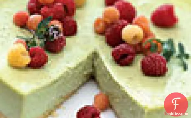 Green Tea Cheesecake with Raspberries and Raspberry-Mint Tisane