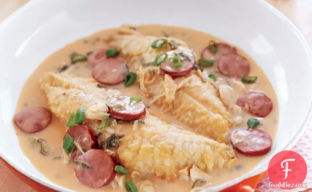 Snapper with Spicy Crab-and-Andouille Sauce