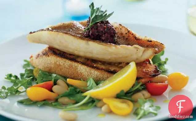 Red Snapper Fillets on Garlic Toasts with Arugula White-bean Salad