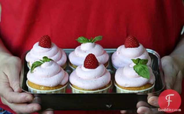 Basil Cream And Mint Cream Filled Cupcakes With Raspberry Mouss