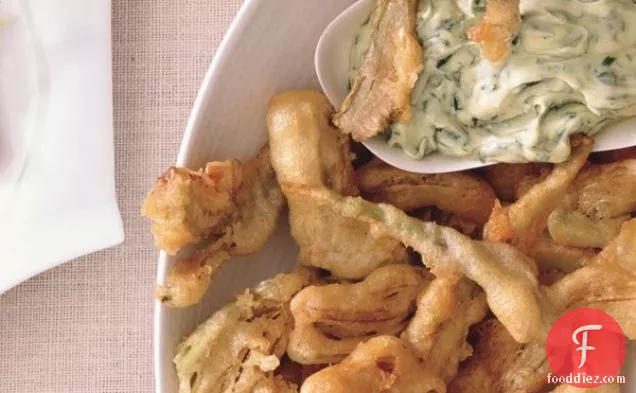 Artichoke Fritters with Green Goddess Dipping Sauce