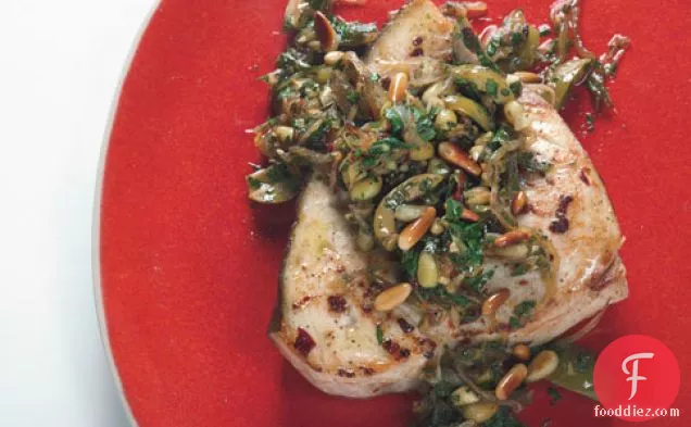 Swordfish With Olive, Pine Nut, And Parsley Relish