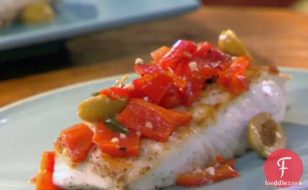 Halibut with Anchovy-Stuffed Olives, Red Peppers and Oregano