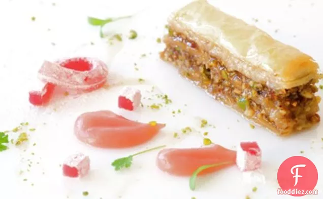 Pistachio And Walnut Baklava With Rhubarb And Rose Delights