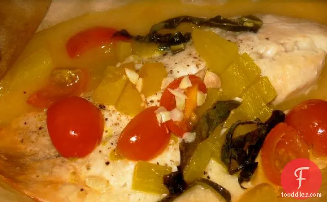 Tilapia En Papillote with Cherry Tomatoes, Peppers & Olives