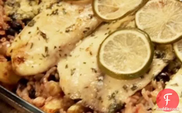 Baked Costa Rican-Style Tilapia with Pineapples, Black Beans and Rice