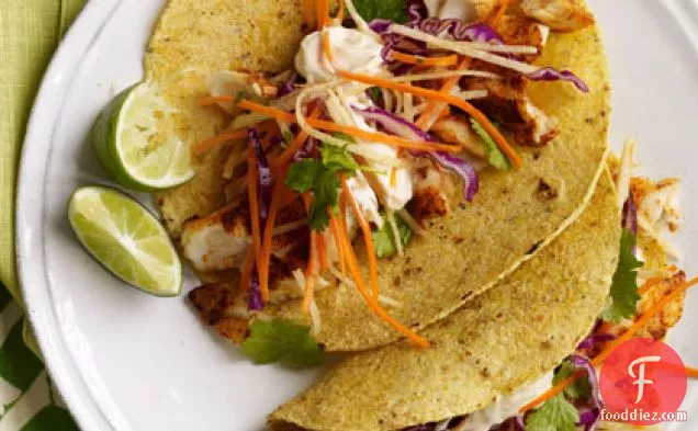 Fish Tacos with Cabbage-Carrot Slaw and Spicy Crema