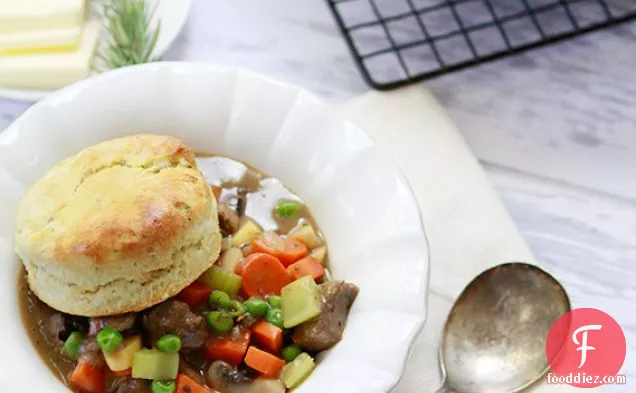 Two Potato Beef and Vegetable Pot Pie with Rosemary Biscuit Crust