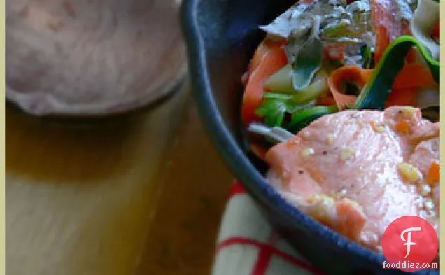 Red Trout and Vegetable Peels with Garlic Cream — Pelures de légumes, truite rosée et sa crème d’ail