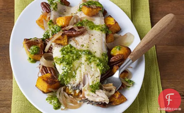 Grilled Trout with Roasted Butternut Squash, Pecans,and Celery Leaf Pesto
