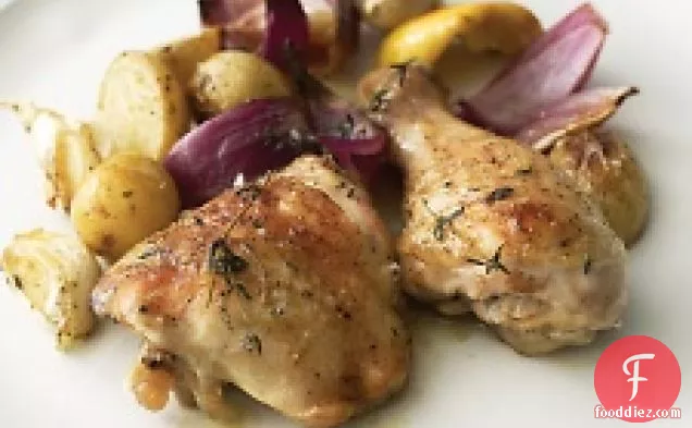 Baked Chicken With Onions, Potatoes, Garlic, And Thyme
