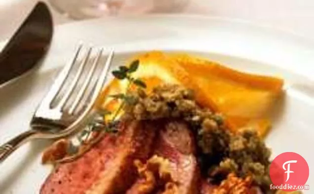Charlie Palmer's Seared Duck With Roasted Walnuts And Green Oli
