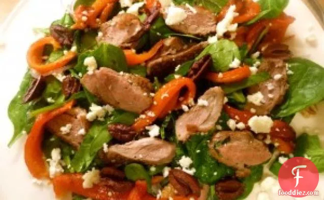 Warm Duck Breast Salad With Spinach, Kalamata Olives, Roasted P