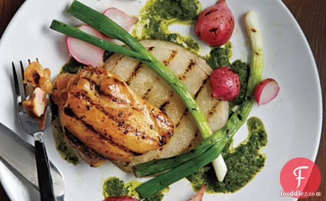 Grilled Jicama, Radishes, Scallions, and Chicken with Asian-Style 