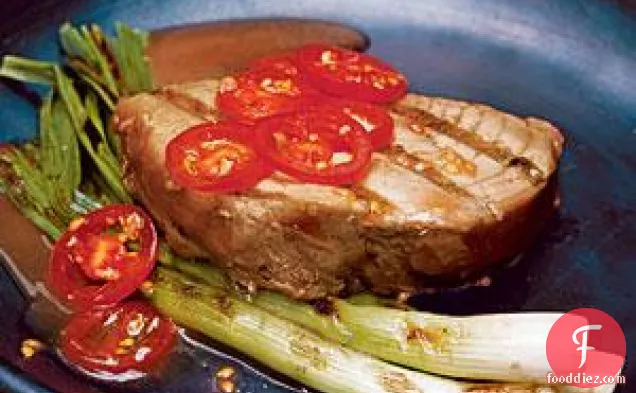 Tuna Steaks with Grilled Scallions and Tomatoes