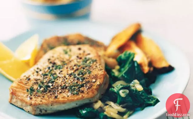 Pepper-Crusted Tuna with Oven Fries and Lemon Spinach
