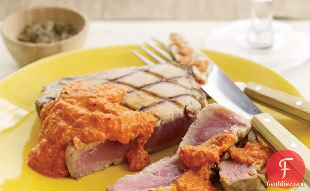 Grilled Tuna with Smoked-Almond Romesco Sauce