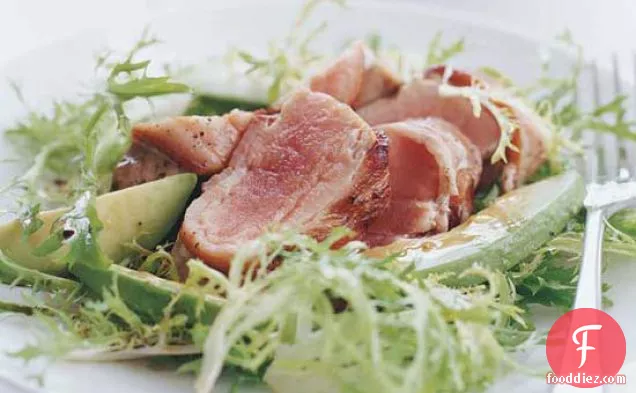 Bacon-Wrapped Tuna Steaks with Frisée and Avocado Salad