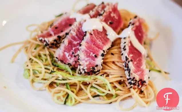 Reckless Abandon: Seared Ahi Tuna on a Bed of Zucchini Ribbons and Whole Wheat Pasta with Spicy Sauce