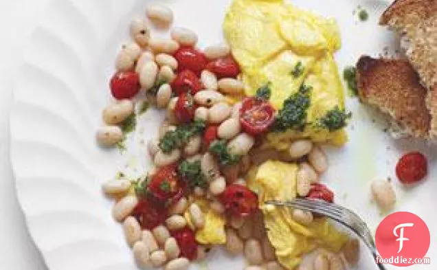 Scrambled Eggs With Beans, Tomatoes, And Pesto