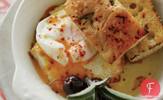 Poached Eggs with Baked Feta and Olives
