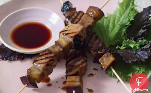 Tuna and eggplant yakitori skewers with soy dipping sauce