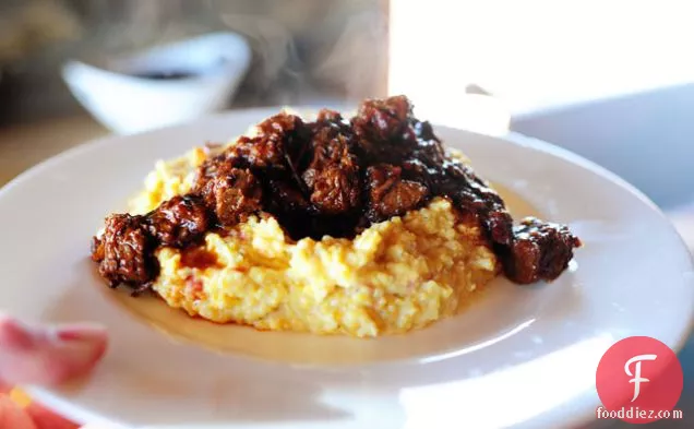 Spicy Stewed Beef with Creamy Cheddar Grits