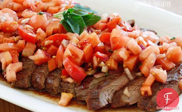 Grilled Flank Steak With Tomatoes, Red Onion And Balsamic