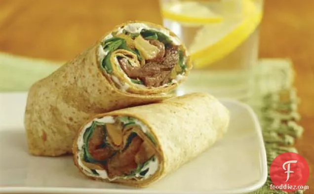 Sliced Filet Mignon Wrap with Pear-Onion Relish and Blue-Cheese Dressing