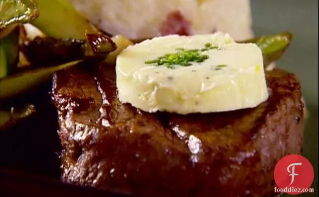 Flaming Filet Mignon with Chive Butter