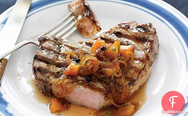 Grilled Pork Chops with Brown-sugar Brine and Onion-Peach Marmalade