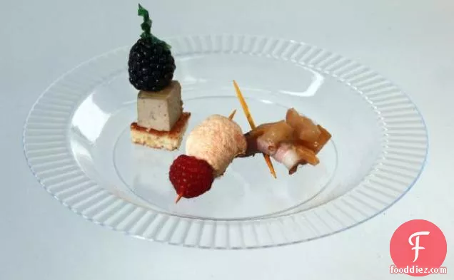 Trio of Flavors on a Stick: Duck Mousse, Duck Breast and Meringue-Berry