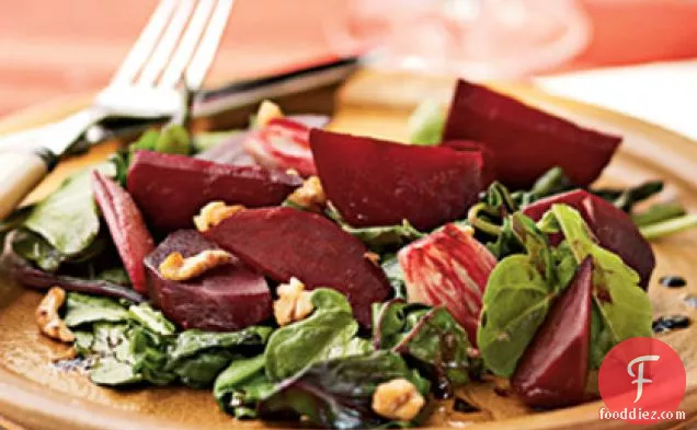 Roasted Beet and Shallot Salad over Wilted Beet Greens and Arugula