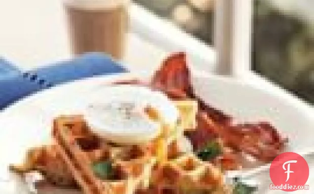 Savory Waffles With Poached Eggs & Bacon
