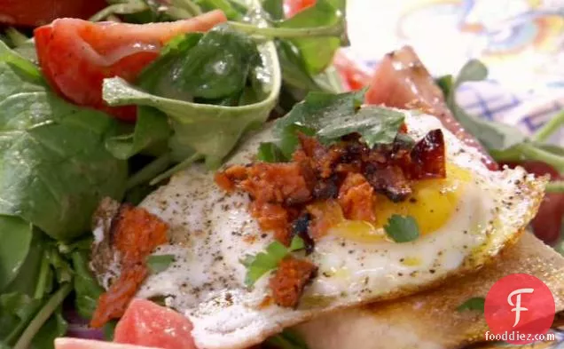 Tomato, Red Onion and Rocket Salad with Fried Egg, Grilled Chorizo and Grilled Provoleto Crostini