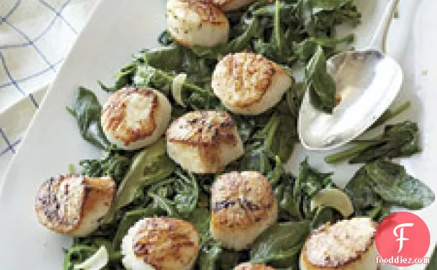Scallops With Wilted Spinach And Arugula