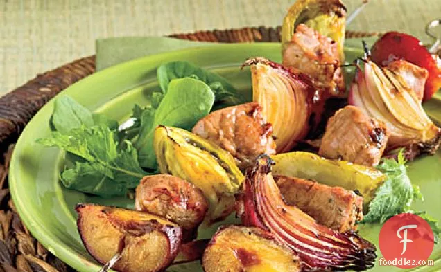 Molasses-Balsamic Pork Kabobs With Green Tomatoes and Plums