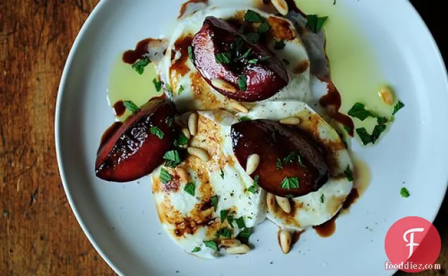 Buffalo Mozzarella With Balsamic Glazed Plums, Pine Nuts And Mint