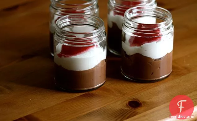 Milk Chocolate Pudding With Cream And Raspberry Sauce