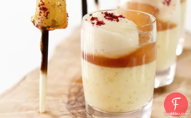 Tamarind Pears With Creamed Tapioca And Toffee Pear Lollipops