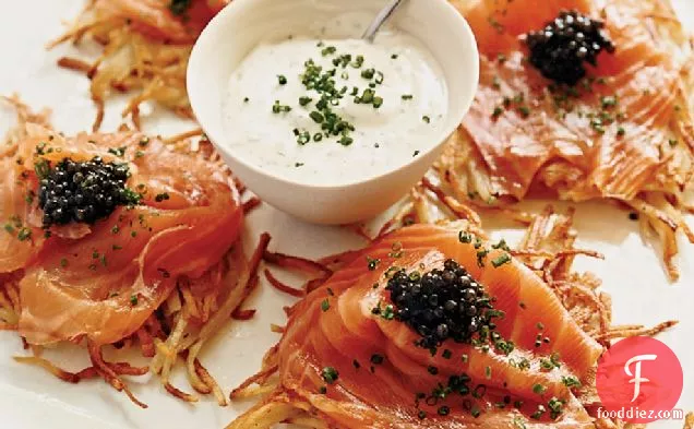 Potato Pancakes with Smoked Salmon, Caviar and Dill Cream