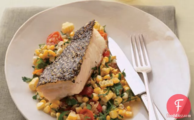 Striped Bass with Tomatoes, Corn, and Basil