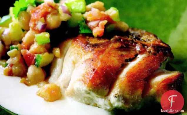 Cook the Book: Pan-Roasted Striped Bass with Tunisian Chickpea Salad and Yogurt Sauce