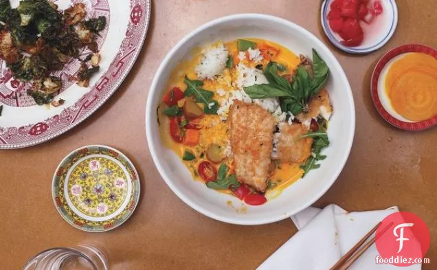 Bass with Herbed Rice and Coconut-Vegetable Chowder
