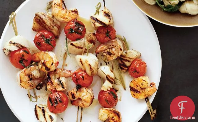 Grilled Seafood Kebabs and Orecchiette with Arugula