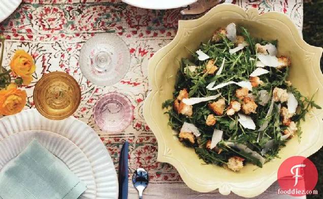 Wild Arugula Salad With Garlic Croutons, Shaved Parmesan, And L