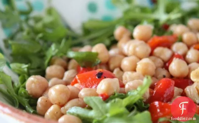 Lemon Dressing Drizzled Chickpea And Sweet Pepper Arugula Salad